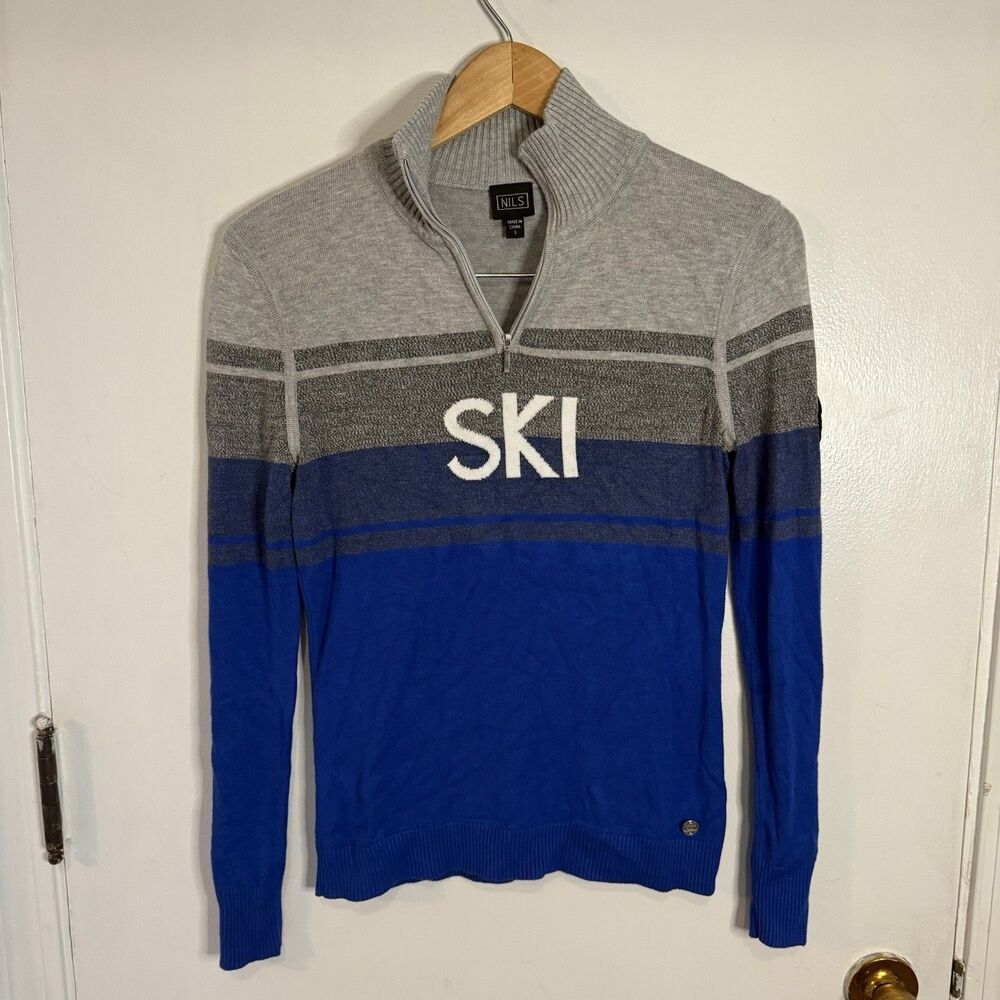 Nils Women’s S Ski Sweater 1/4 Zip Long Sleeve Blue/ Gray With White “SKI”